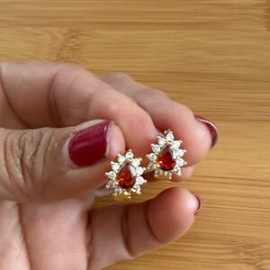 Gold and Red Teardrop Huggy Earrings